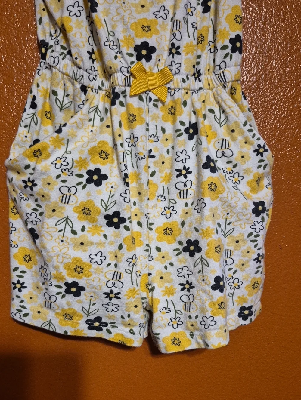 Gerber White Floral Tie-Shoulder Romper with Yellow Accents